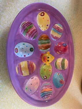 GANZ Ceramic Egg Platter in White with Purple Trim